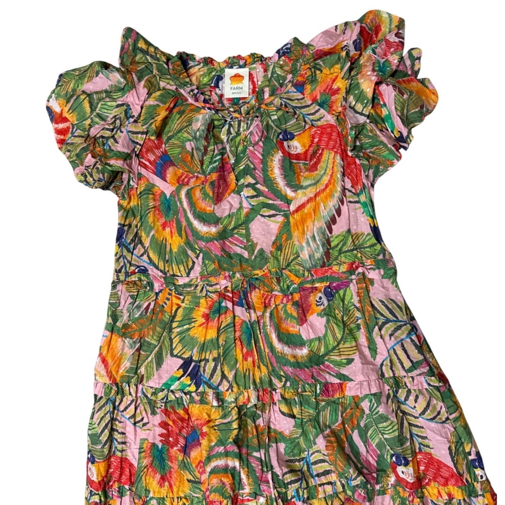 Farm Rio Pink Tropical Parrot Tiered Maxi Dress Flutter Sleeve Womens Size L - Picture 4 of 10
